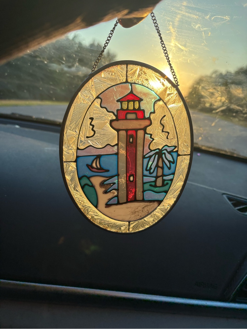 Stained Glass Lighthouse Suncatcher - Red and Blue Home Art
